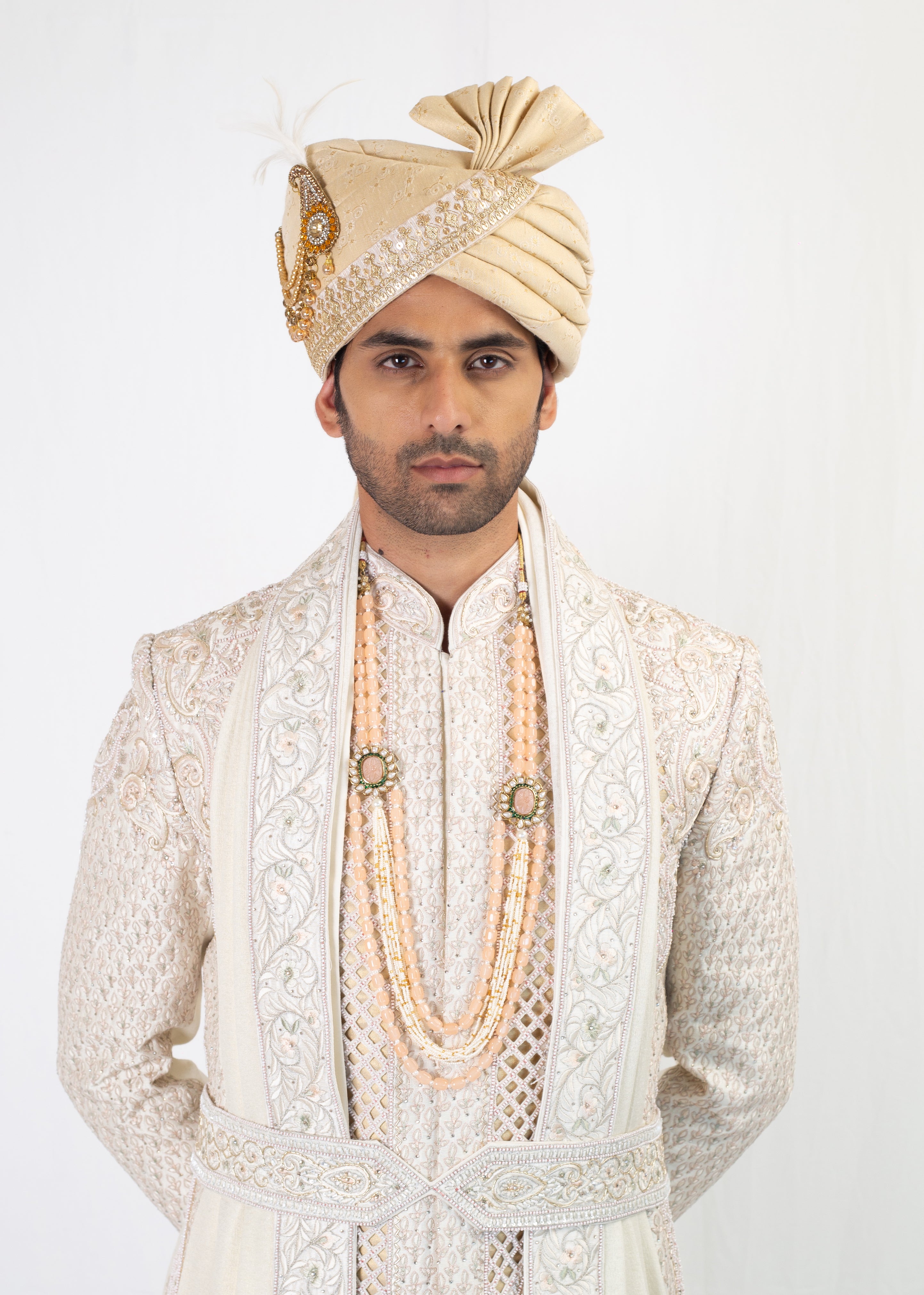 IVORY BRIDAL EMBROIDERY SHERWANI BALA TROUSER WITH STOLE TURBAN & MALA