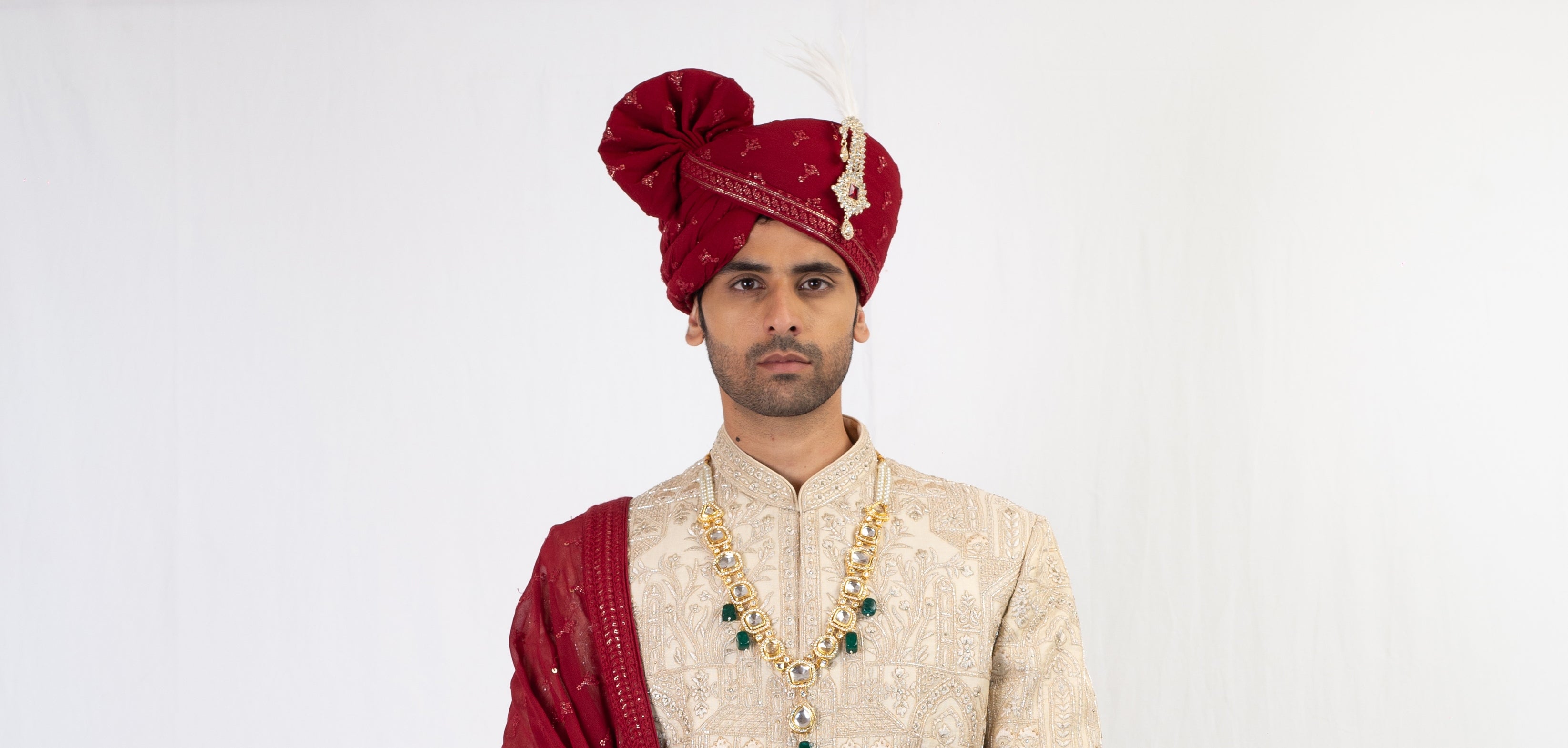 LIGHT GOLD EMBROIDERY SHERWANI AND KURTA WITH TROUSER