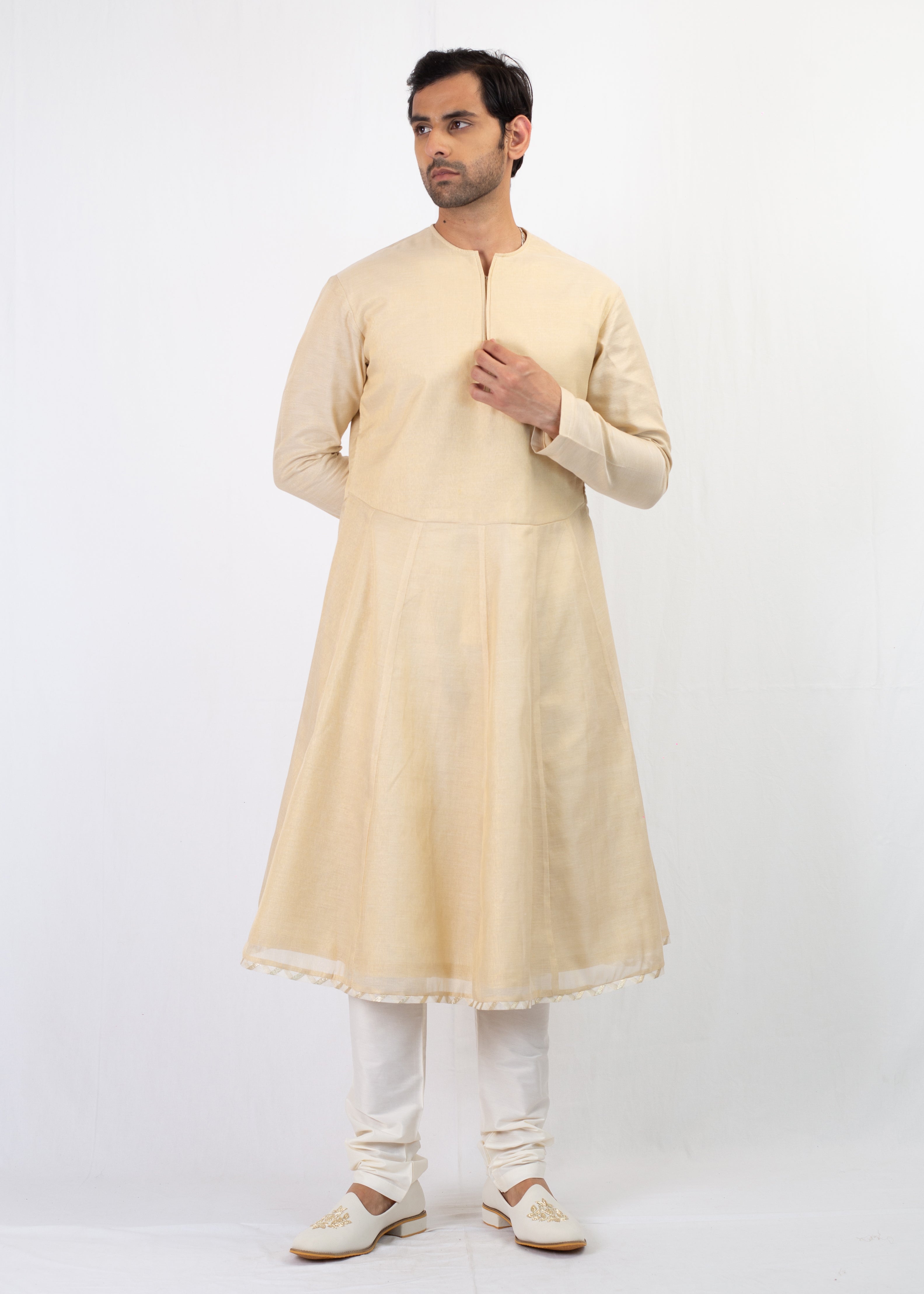 LIGHT GOLD EMBROIDERY SHERWANI AND KURTA WITH TROUSER
