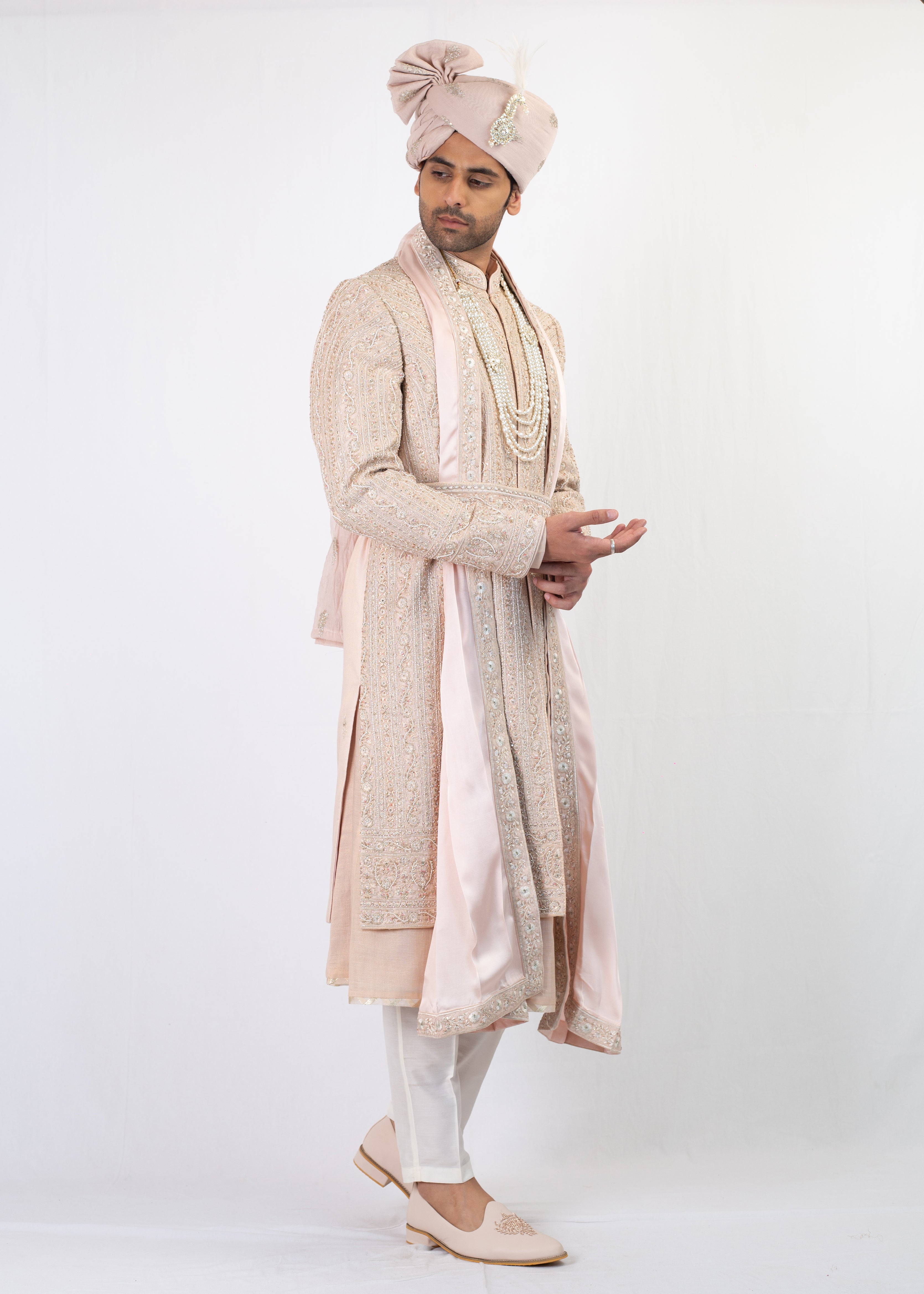BABY PINK ELEGANT EMBROIDERY SHERWANI AND BALA WITH BELT AND TROUSER