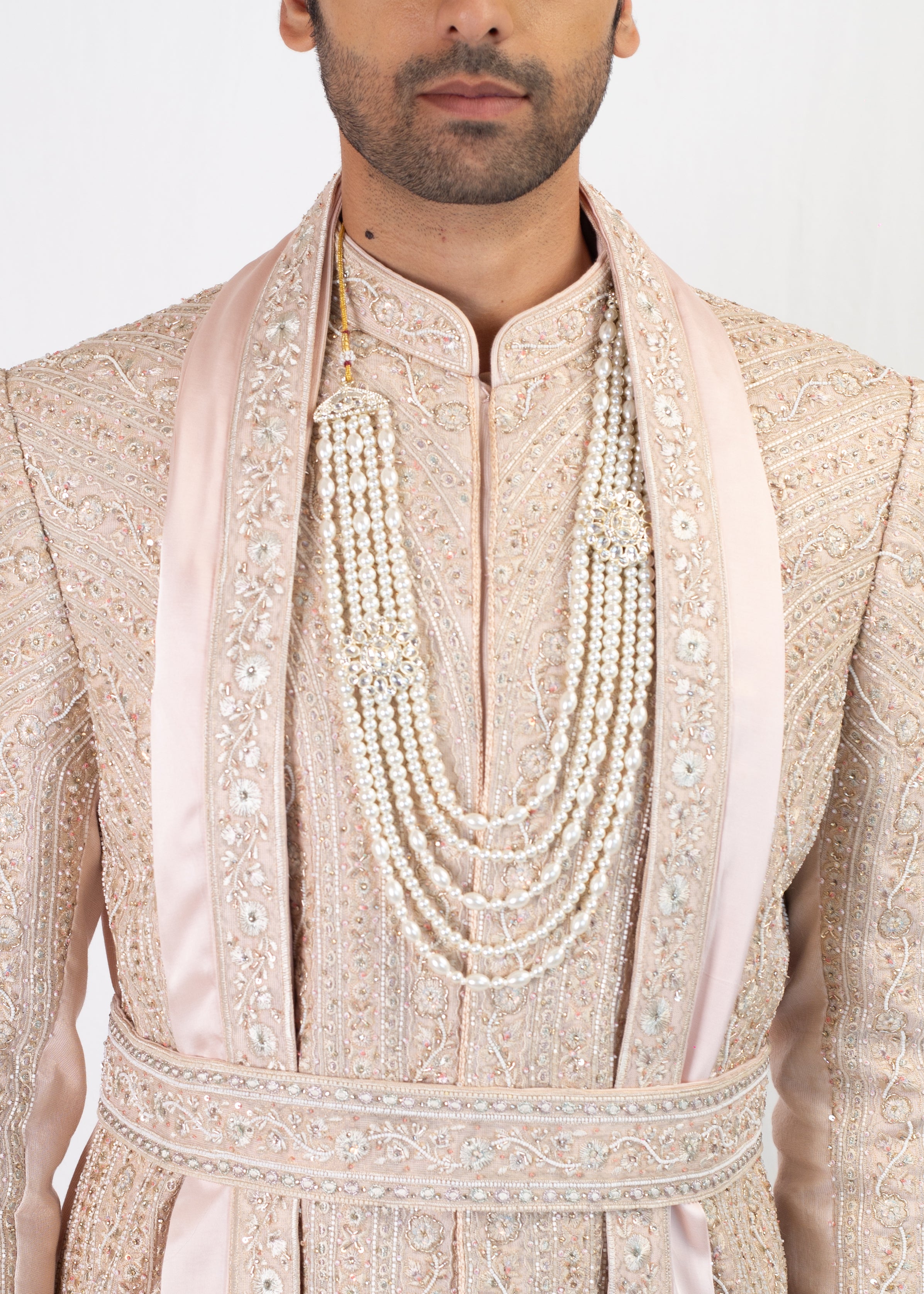 BABY PINK ELEGANT EMBROIDERY SHERWANI AND BALA WITH BELT AND TROUSER