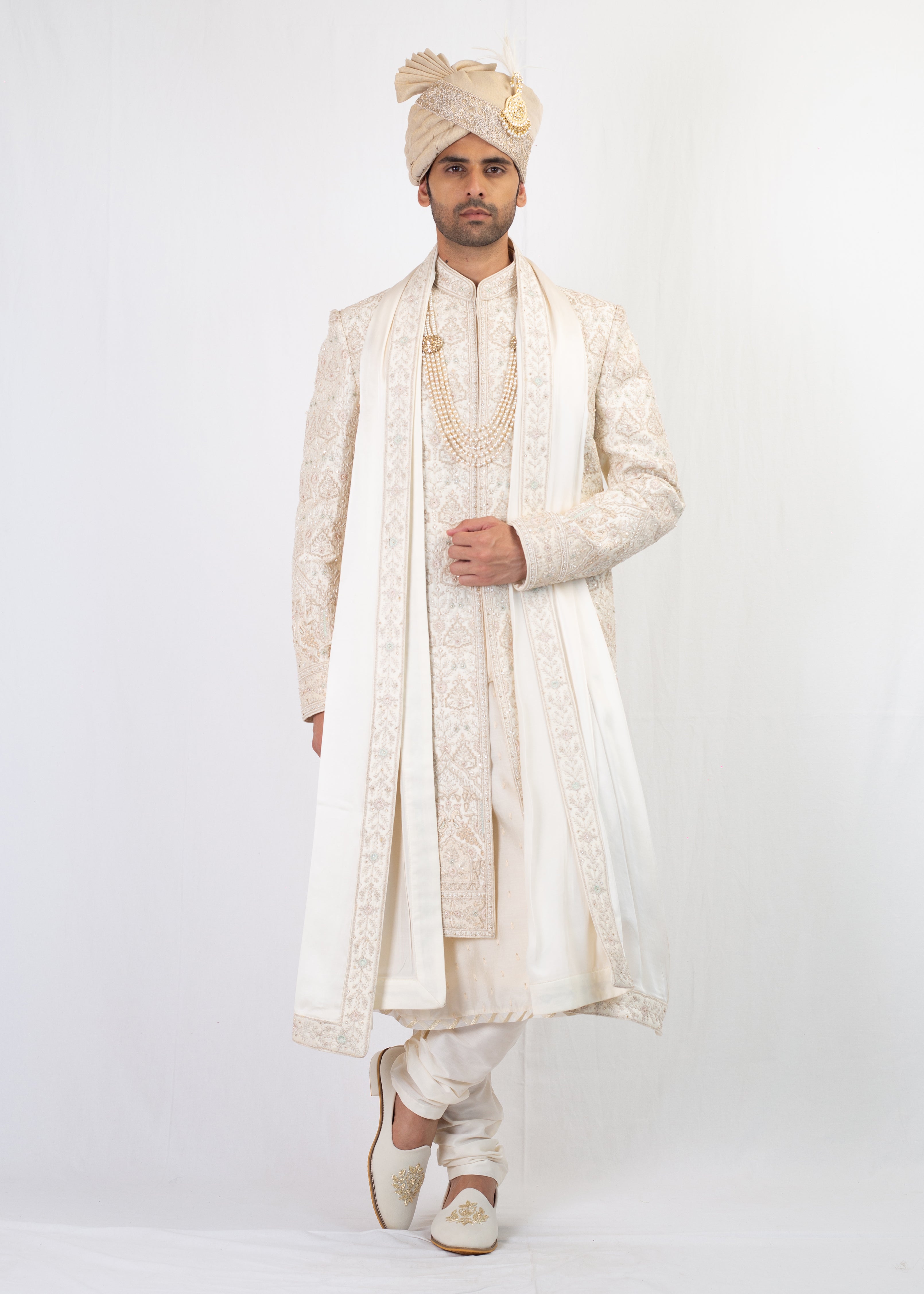 ELEGANT CREAM EMBROIDERY SHERWANI SET
