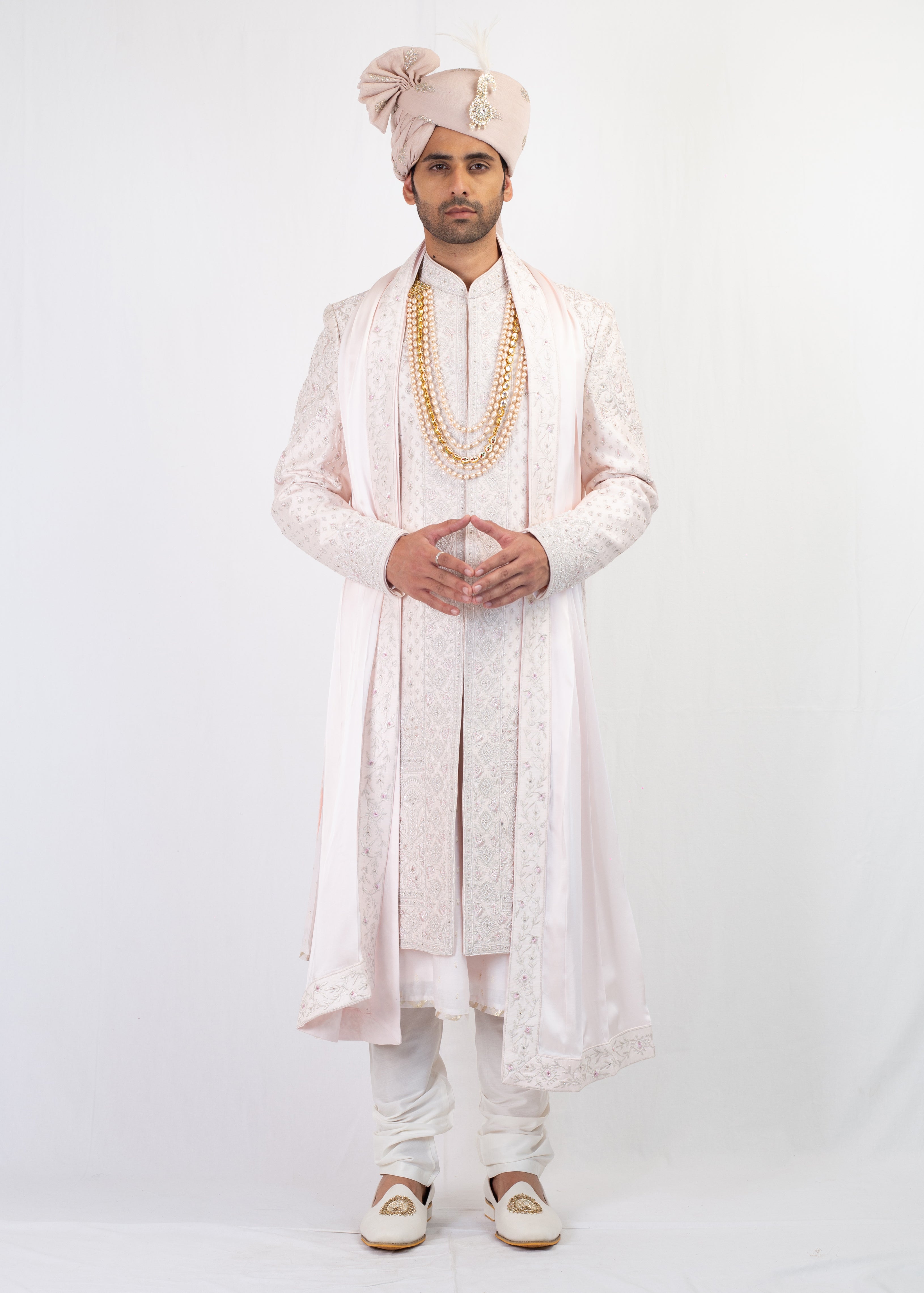 BABY PINK EMBROIDERY SHERWANI AND KURTA WITH TROUSER AND PALLA