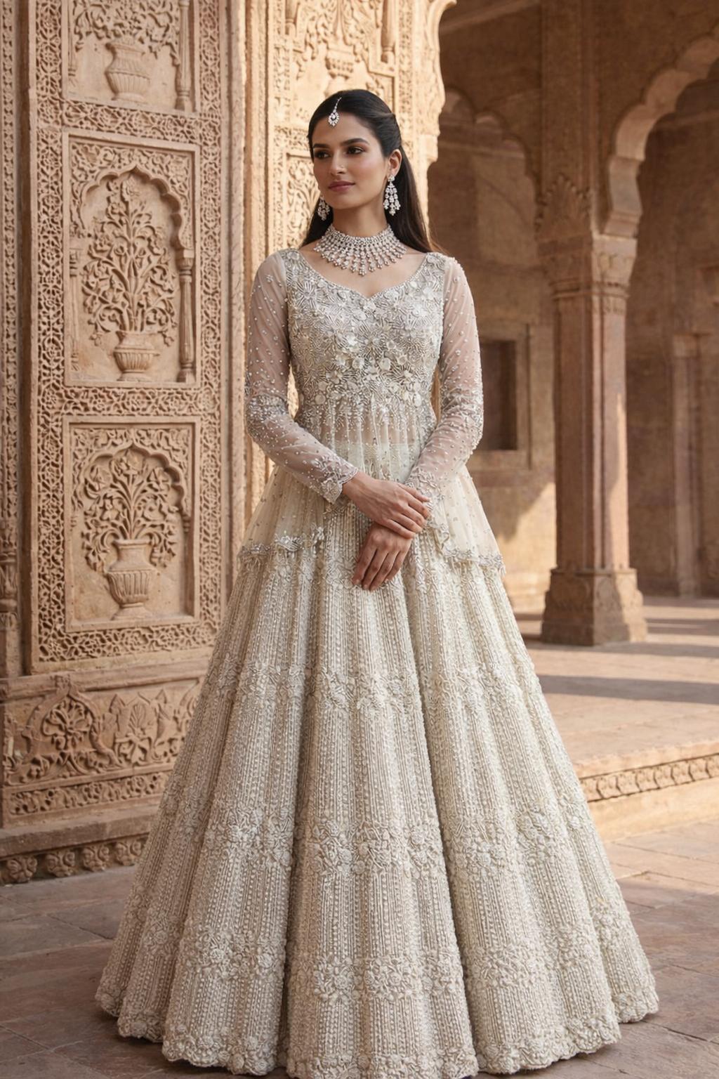 Ivory embellished full Sleeves peplum top lehenga set with dupatta