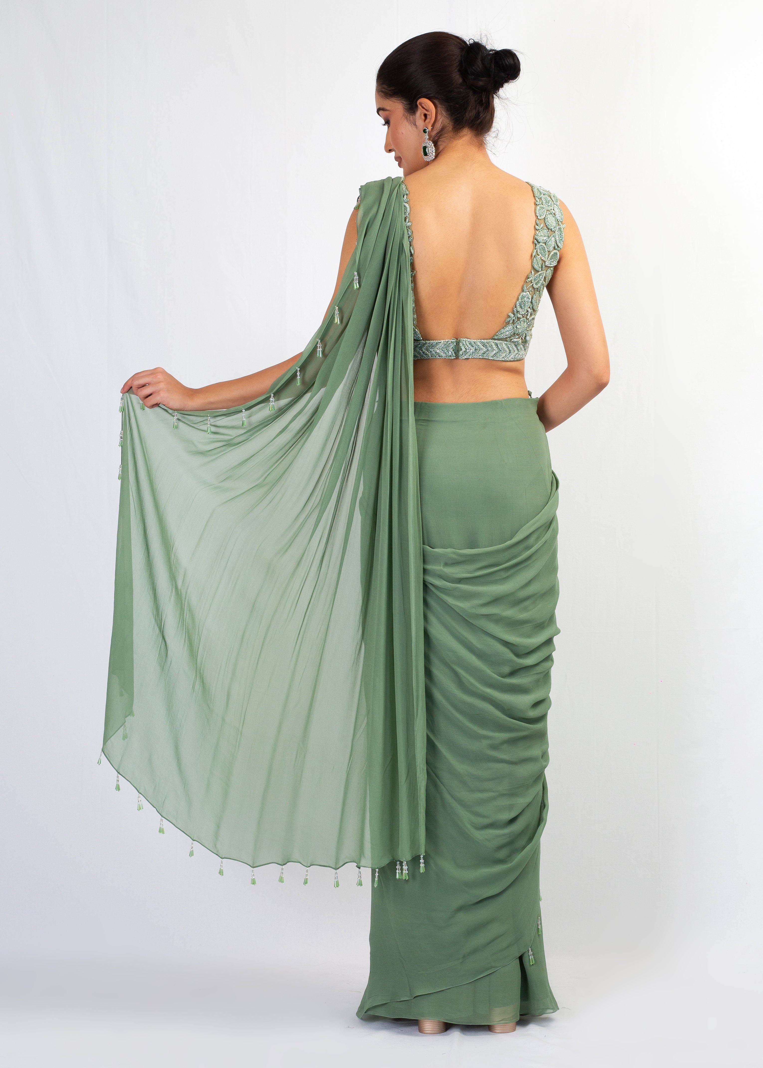 EMBROIDERED TOP WITH MINT GREEN DRAPE SAREE