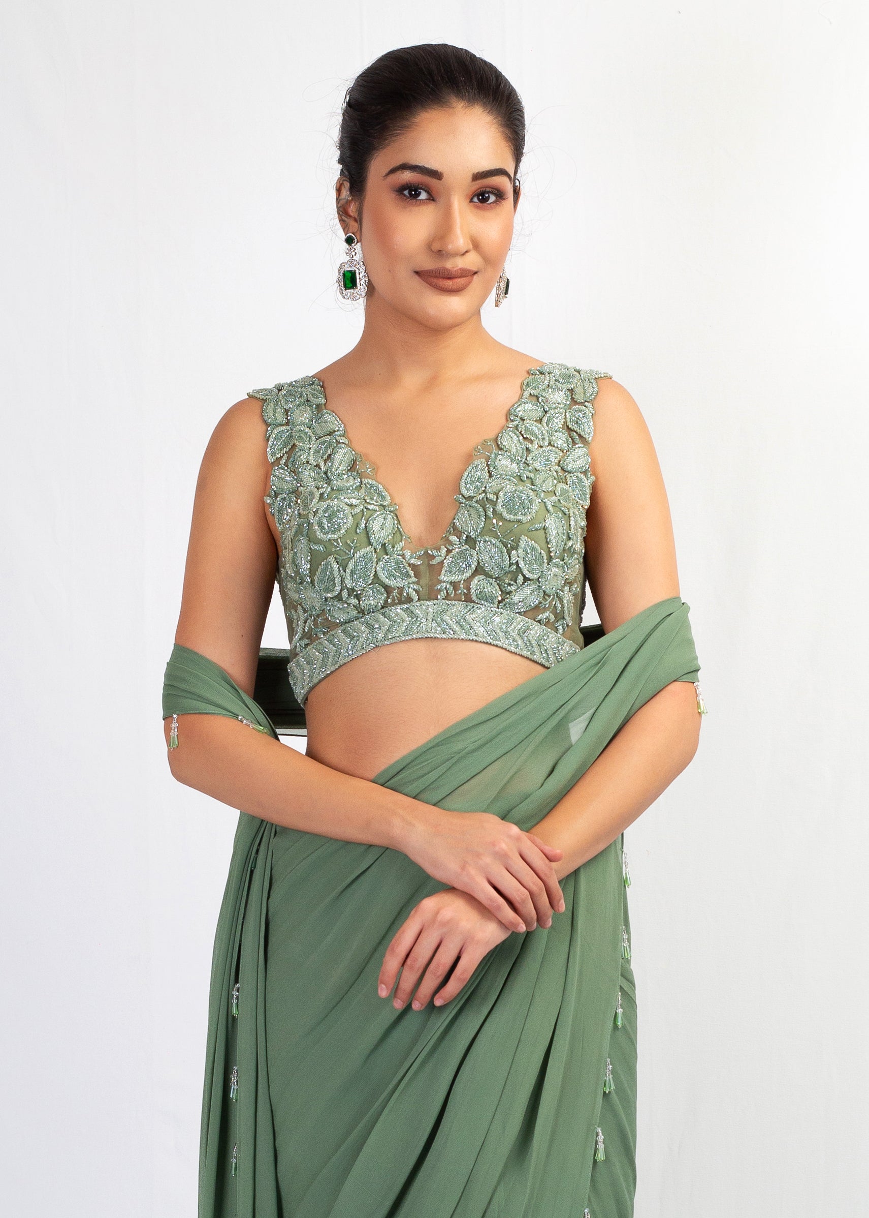 EMBROIDERED TOP WITH MINT GREEN DRAPE SAREE