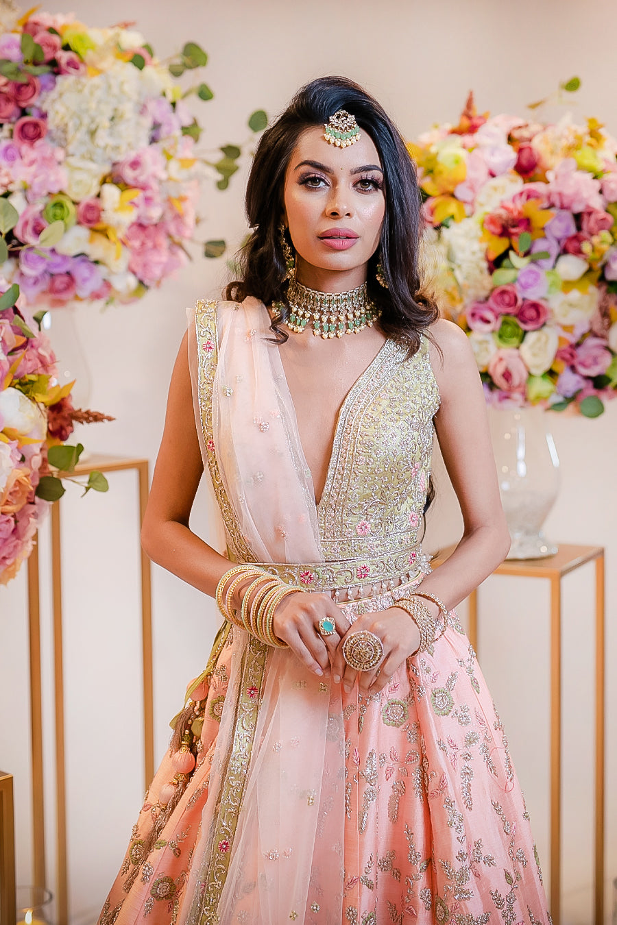Peach to Mint embroidered panelled Lehenga and top with scarf