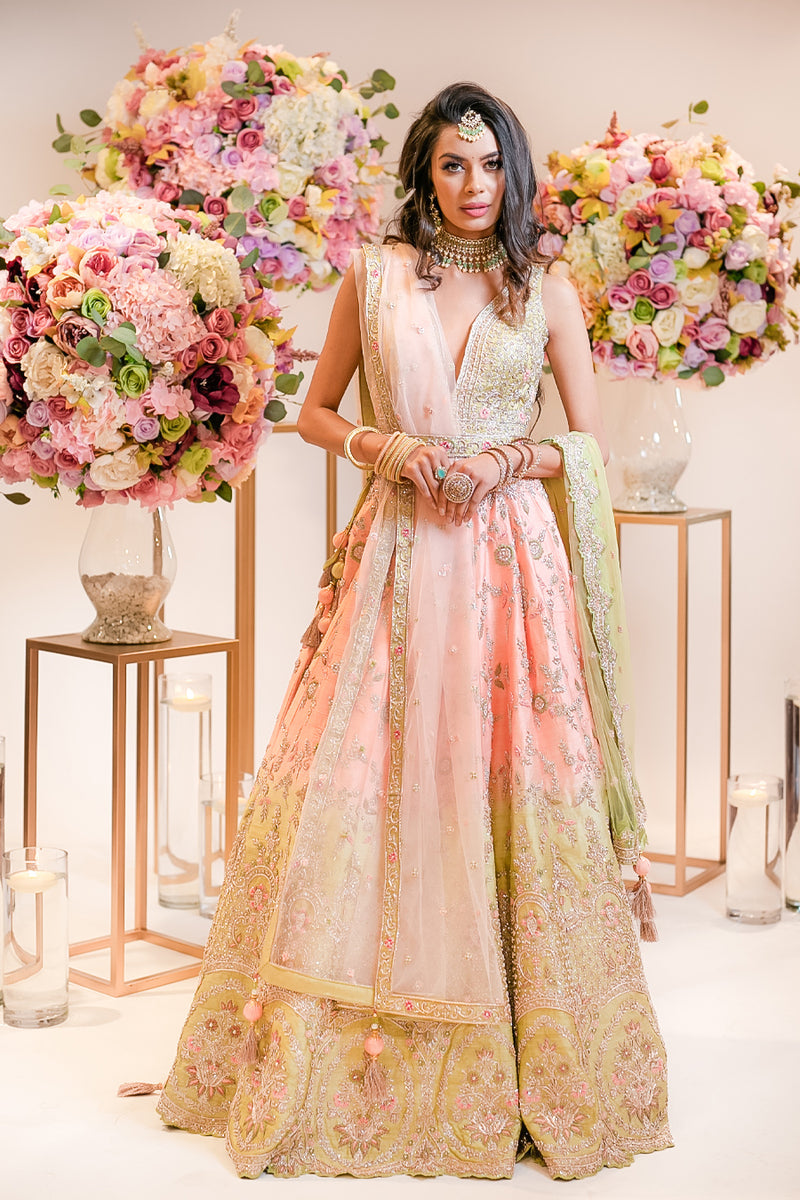 Peach to Mint embroidered panelled Lehenga and top with scarf