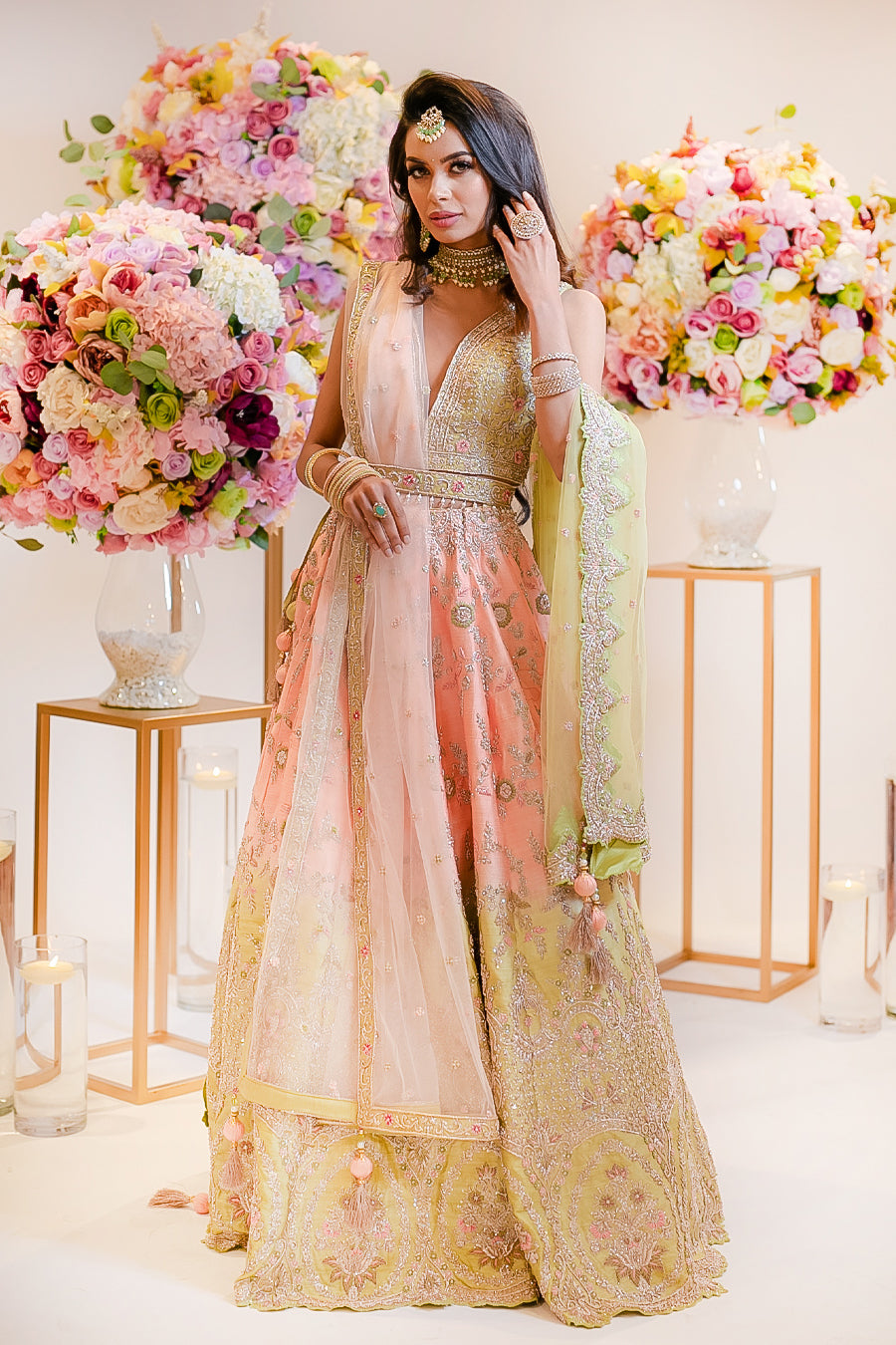 Peach to Mint embroidered panelled Lehenga and top with scarf
