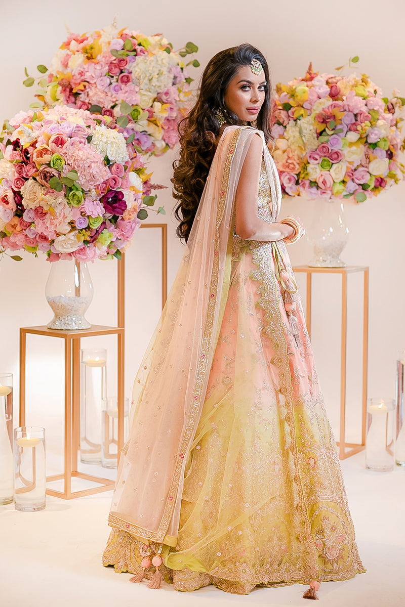 Peach to Mint embroidered panelled Lehenga and top with scarf