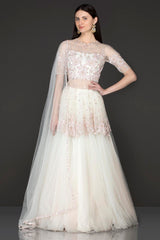 White Colour Net Peplum Top And Net Skirt With Pink Sequence Embroidery