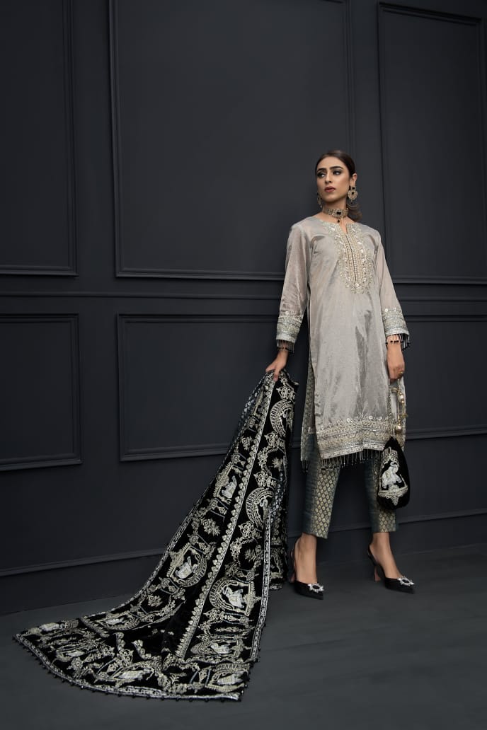 Heavily Embellished Velvet Shawl with Kameez Suit