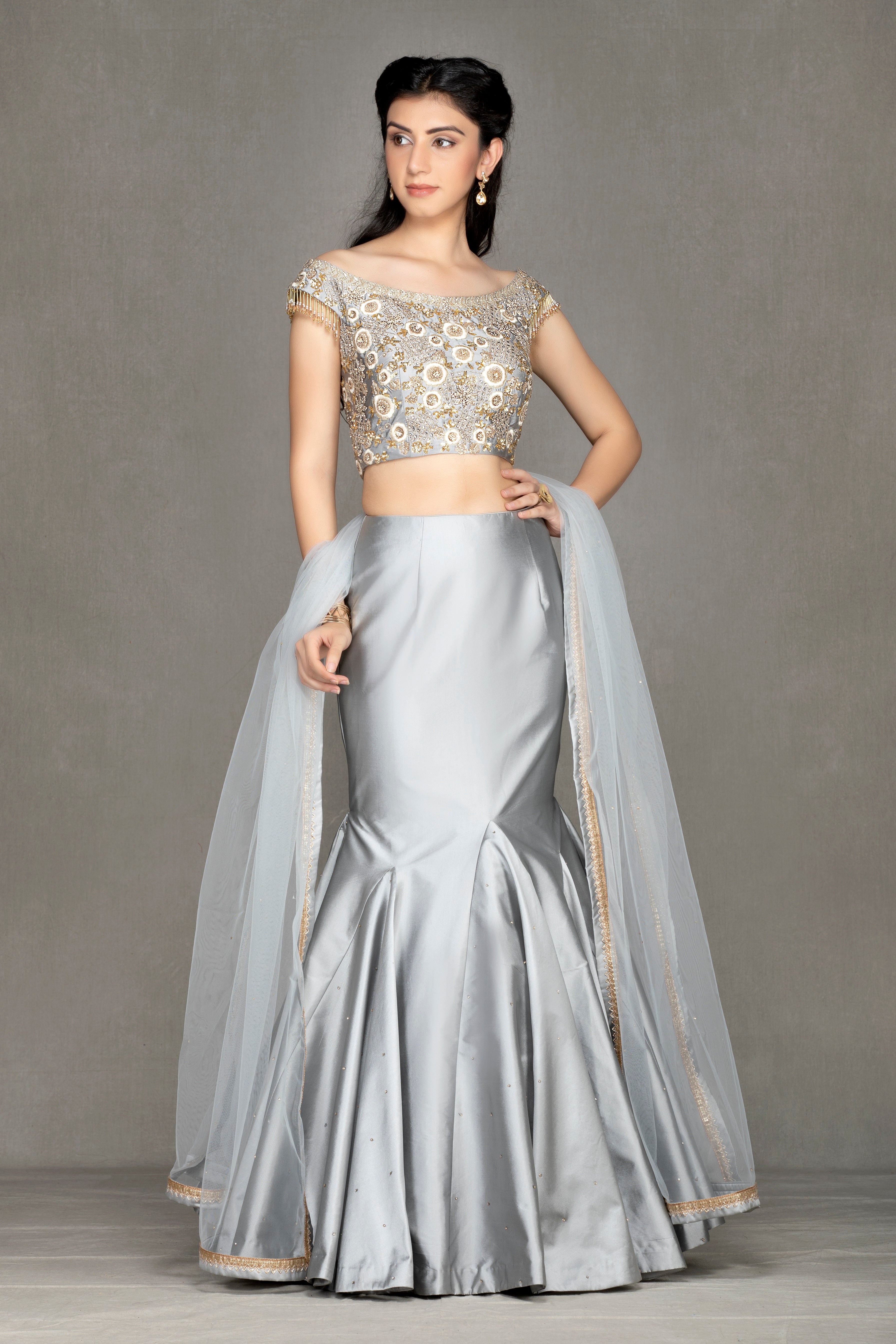 Fish Cut off-shoulder Taffeta Lehenga