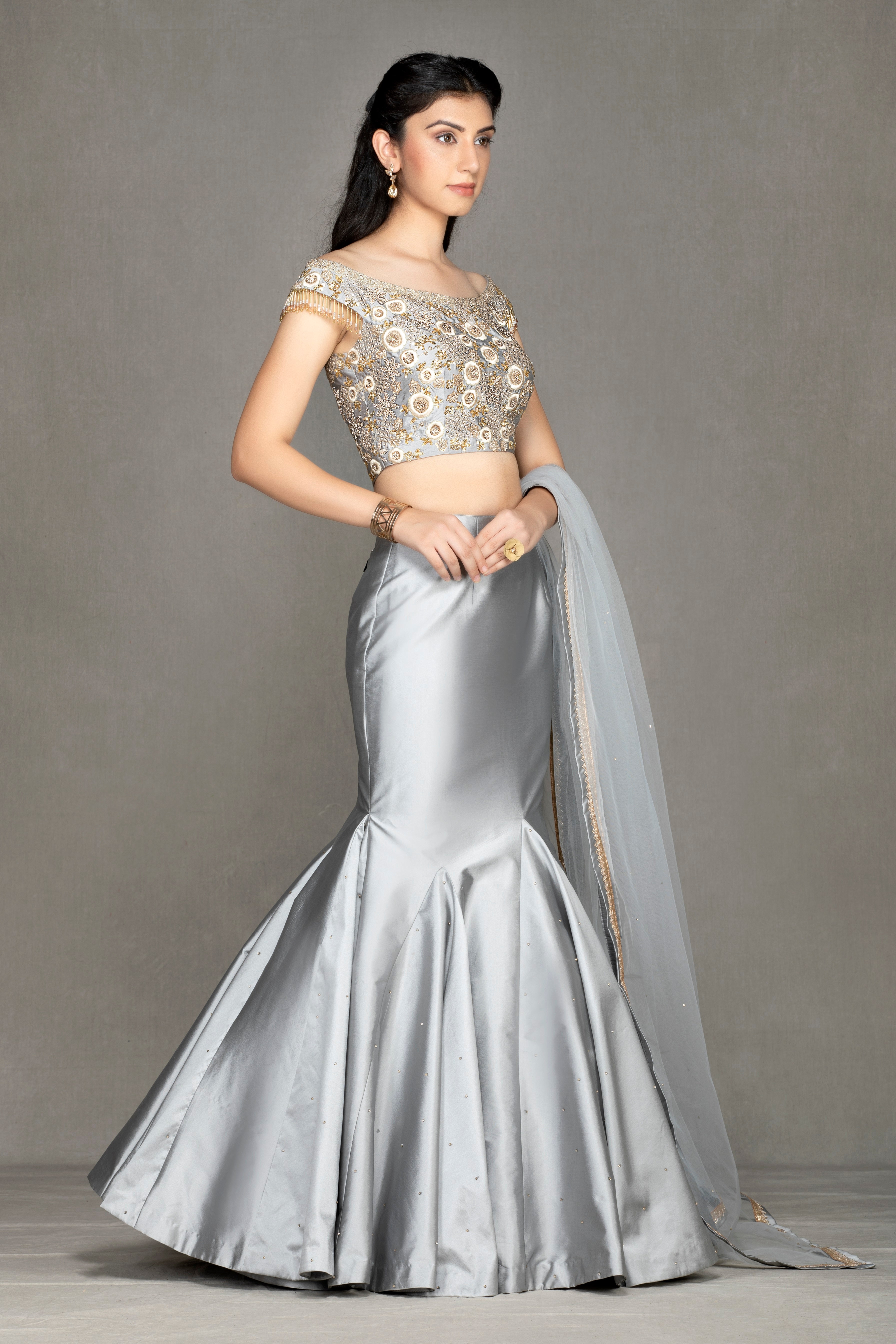 Fish Cut off-shoulder Taffeta Lehenga