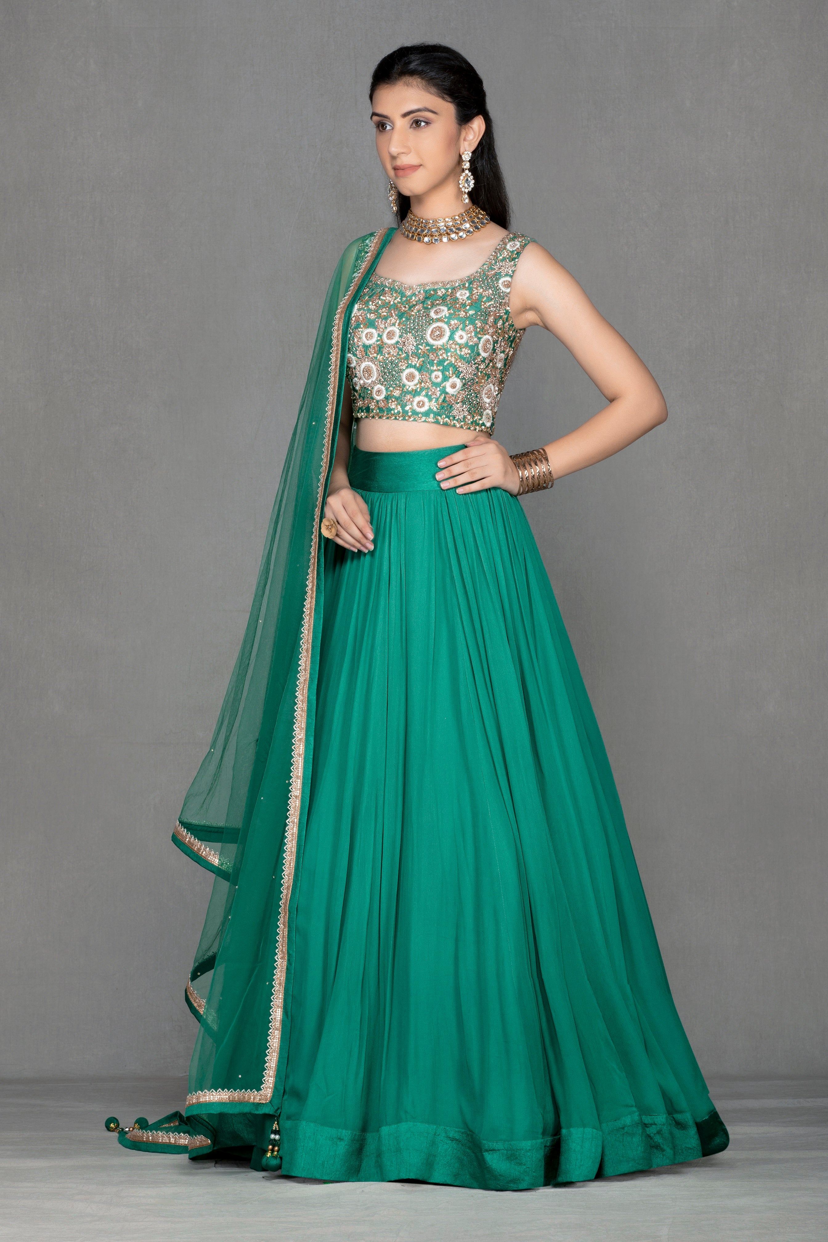 Dark Green Georgette Lehenga