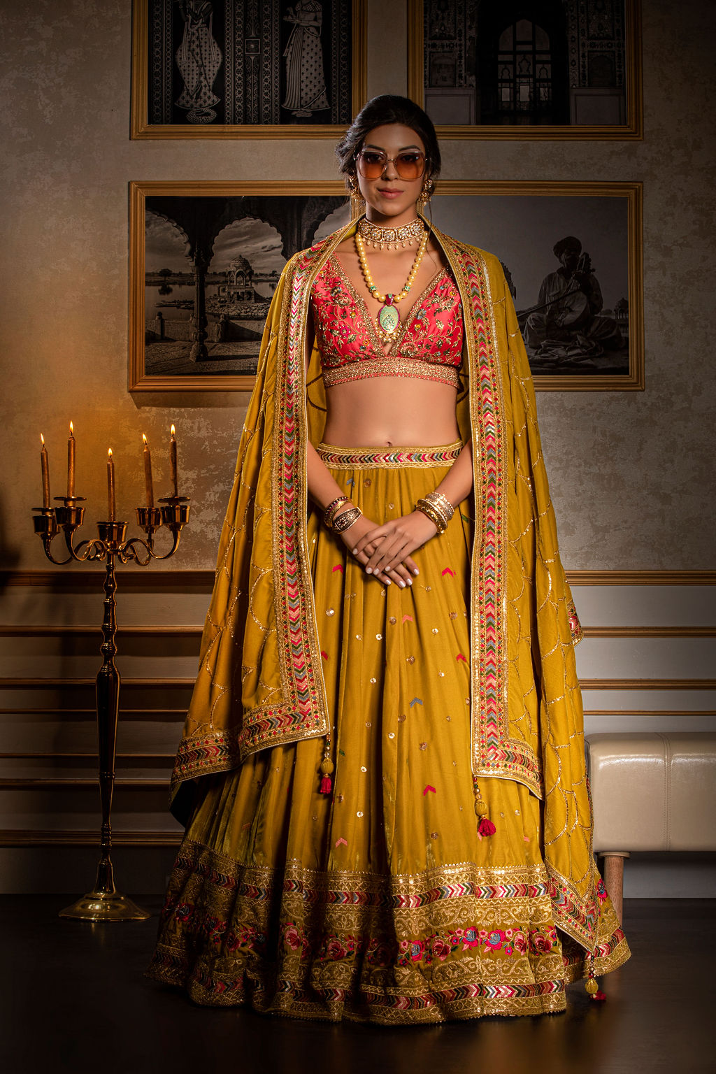 Stylish Embroidered top with constrast skirt and velvet scarf
