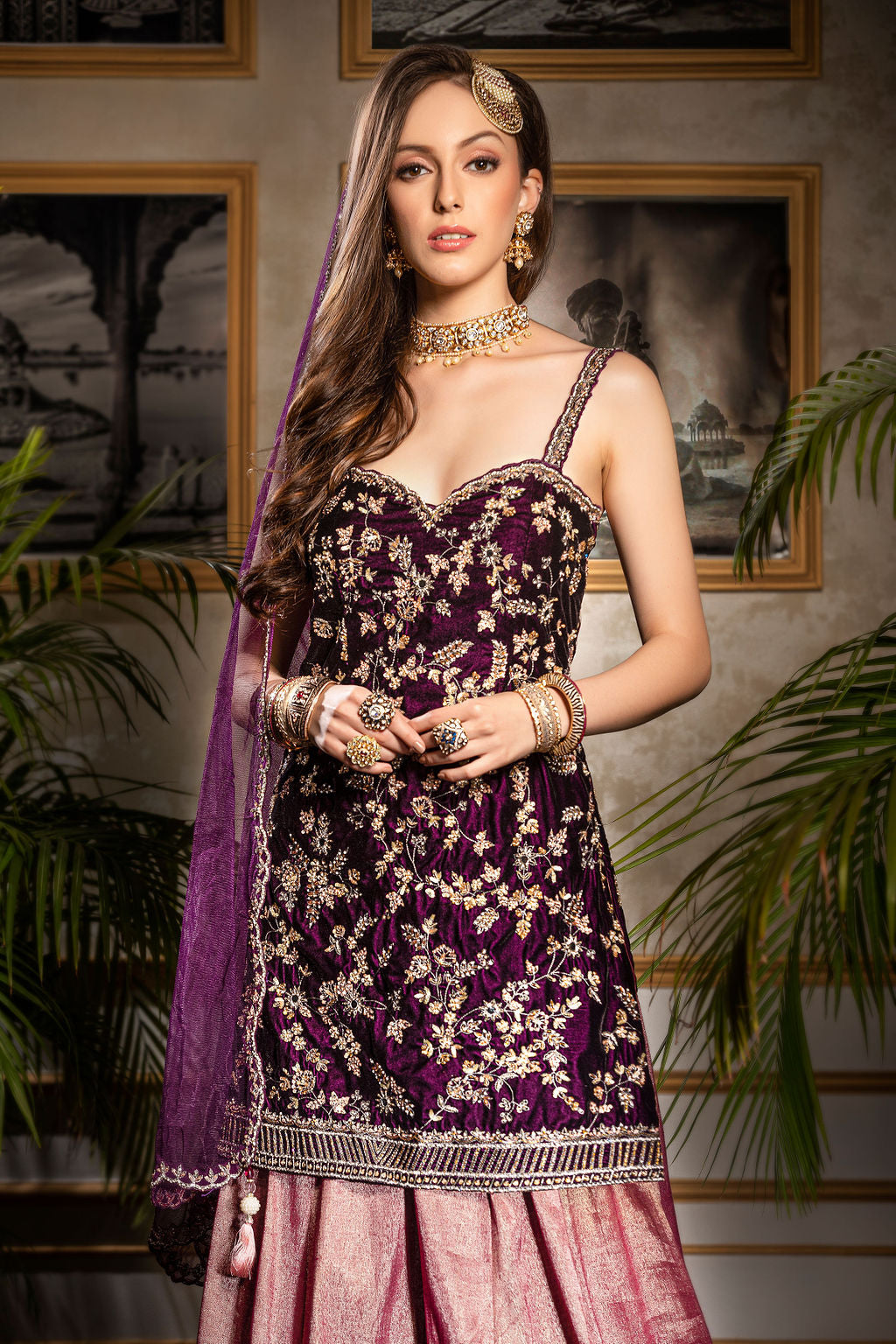 Velvet Embroidered Kameez with contrast Sharara and scarf