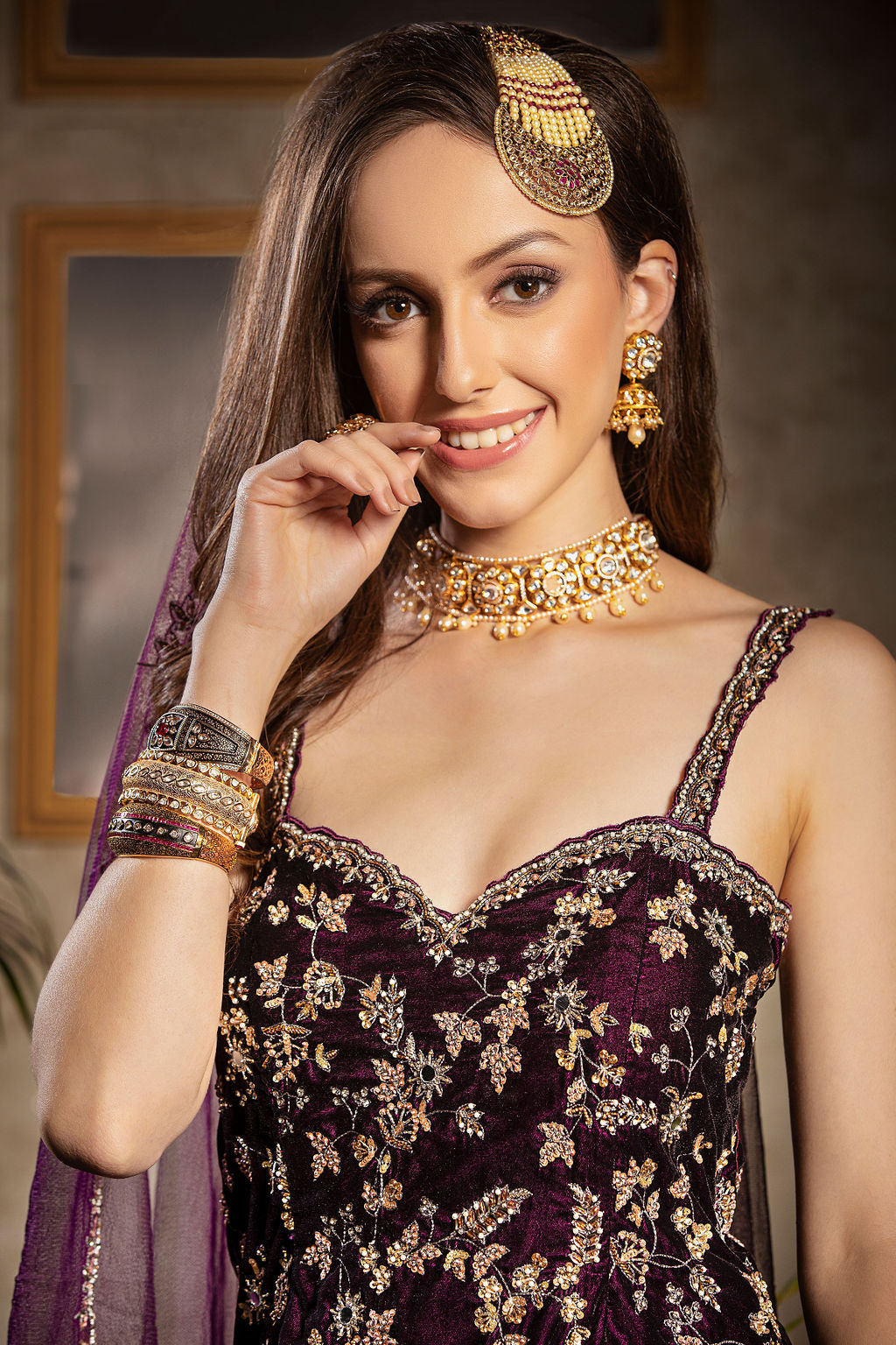 Velvet Embroidered Kameez with contrast Sharara and scarf