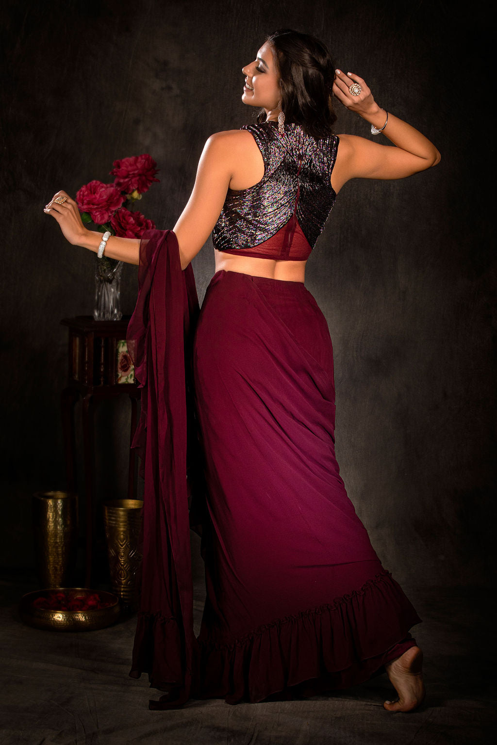 Stylish Plum Ruffle Saree