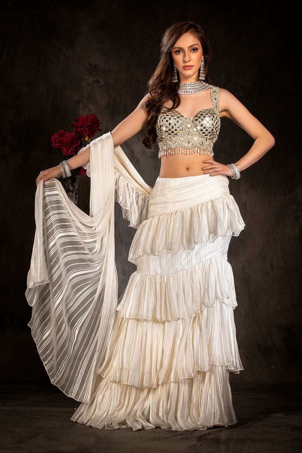 Mirror Embroidered Top with layered Saree