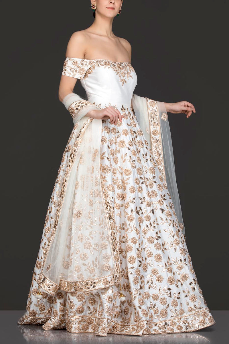 Ivory Silk Anarkali/Gown With Net Dupatta, Gota Patti And Pearl Embroidery