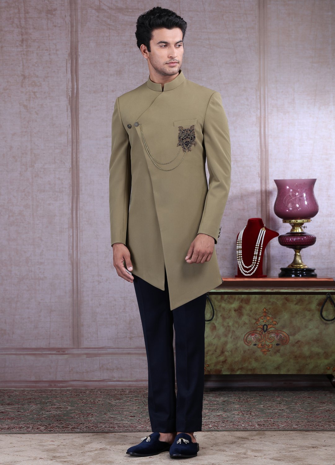 Olive Green Asymmetric Sherwani 