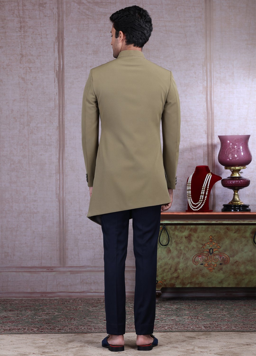Olive Green Asymmetric Sherwani 