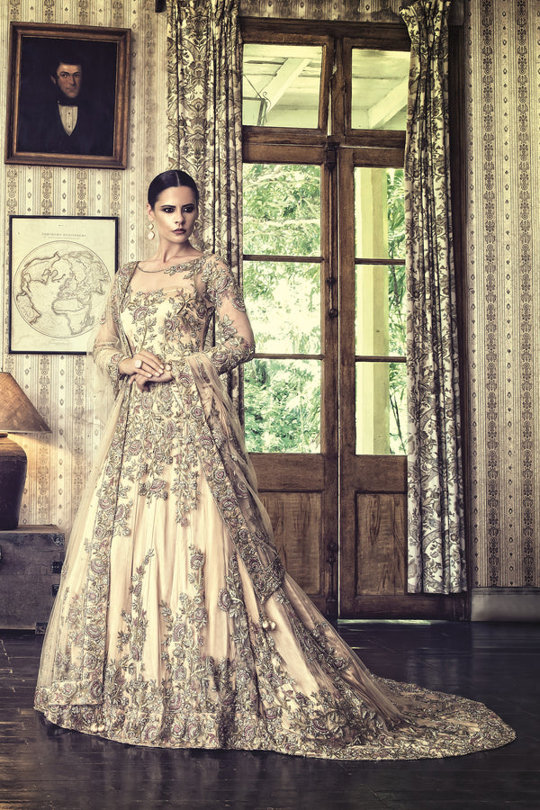 Golden Bridal Net Gown with Trail