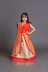 Kidswear orange top with jamawar skirt and orange net dupata