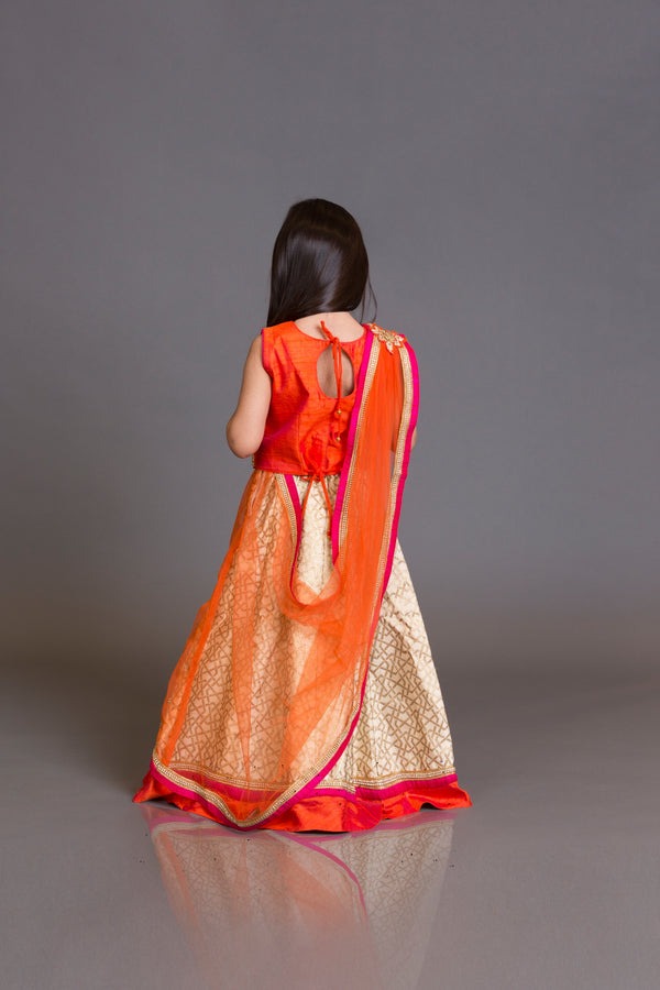 Kidswear orange top with jamawar skirt and orange net dupata