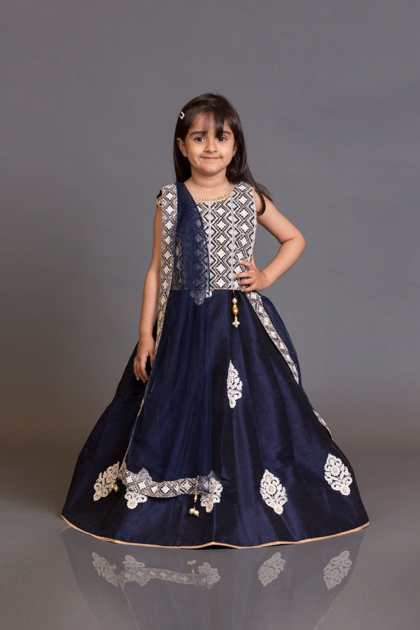 Kidswear navy blue top with skirt and net dupata
