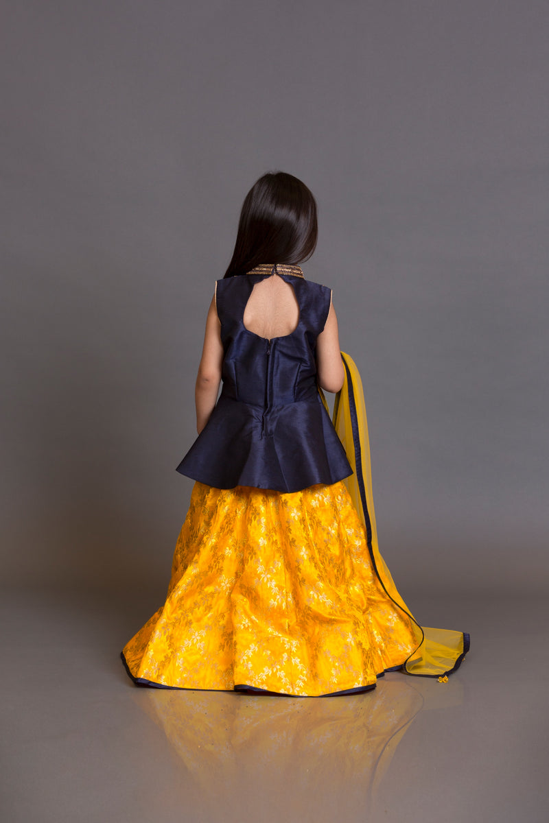 Kidswear navy blue peplum top with yellow skirt and yellow dupata