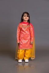 Kidswear long kameez with yellow dhoti and net dupata