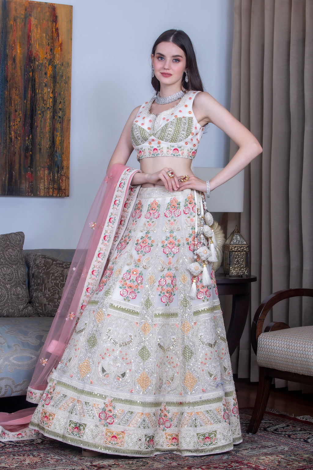 Mint Lehenga with conrast scarf