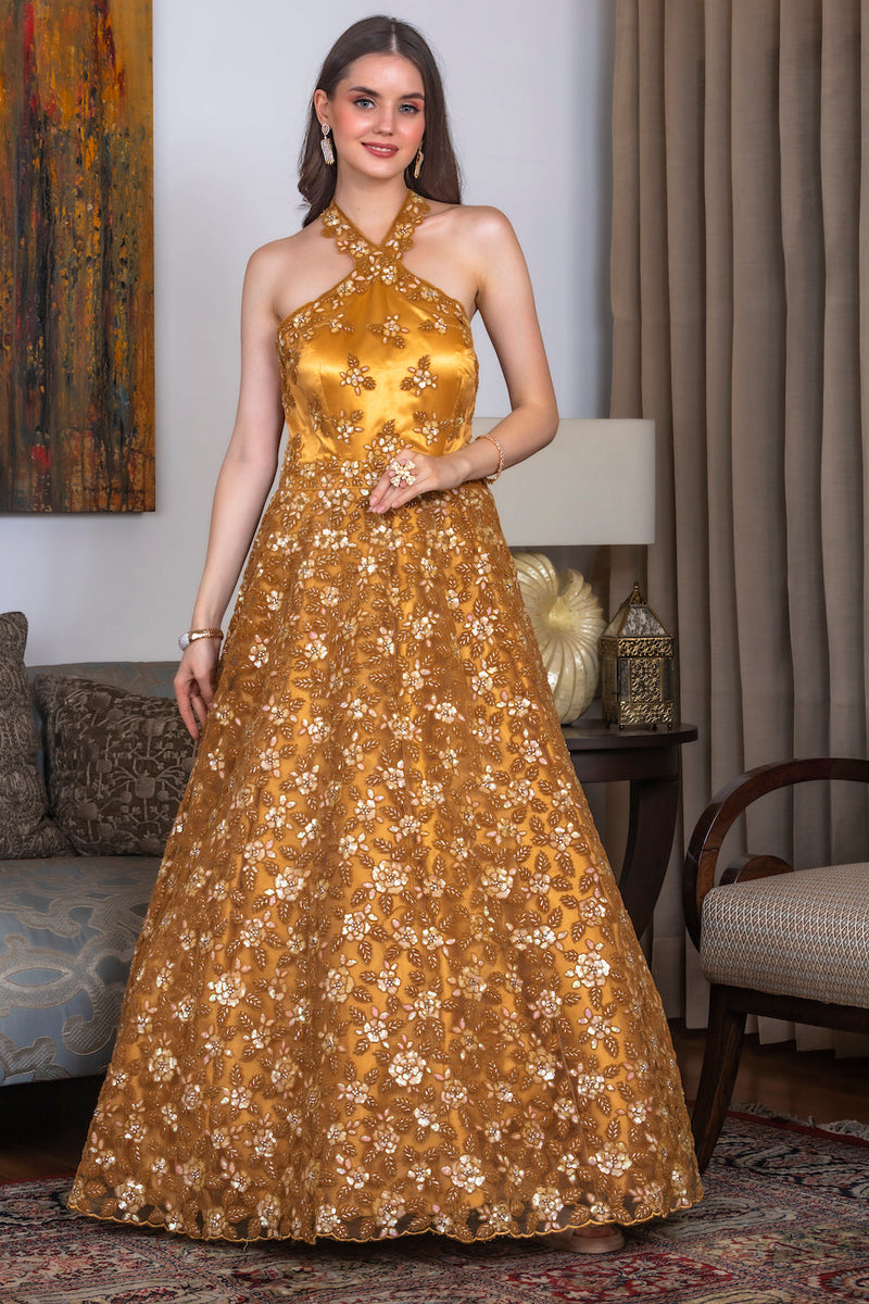 Golden Gown with Halter Neck