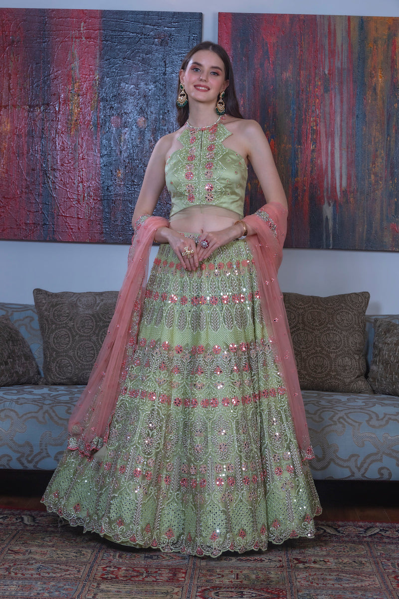 Green Lehenga with contrast scarf