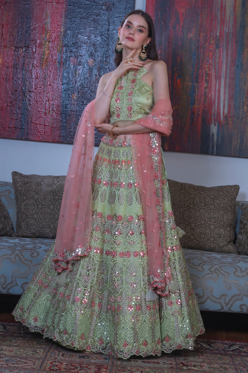 Green Lehenga with contrast scarf