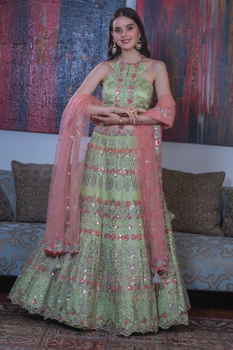 Green Lehenga with contrast scarf