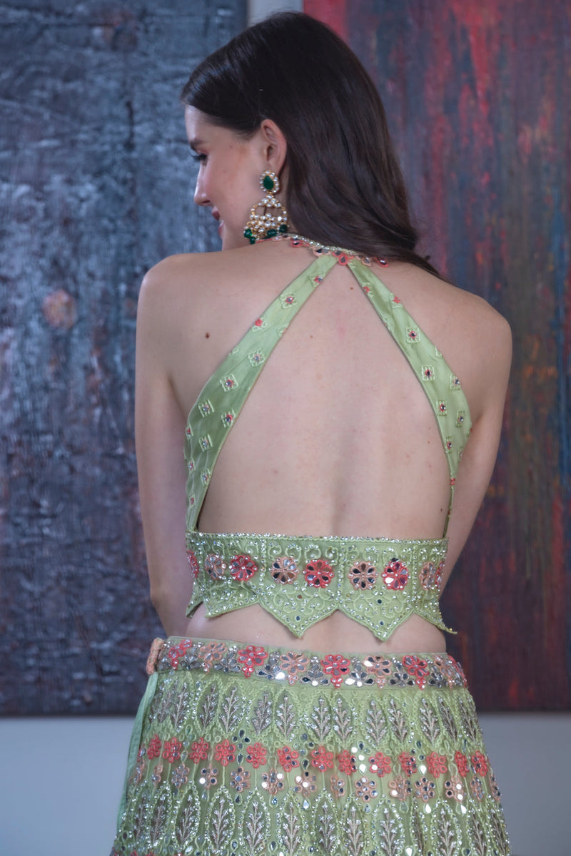 Green Lehenga with contrast scarf