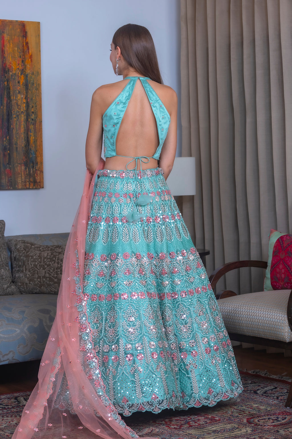 Blue Lehenga with contrast scarf