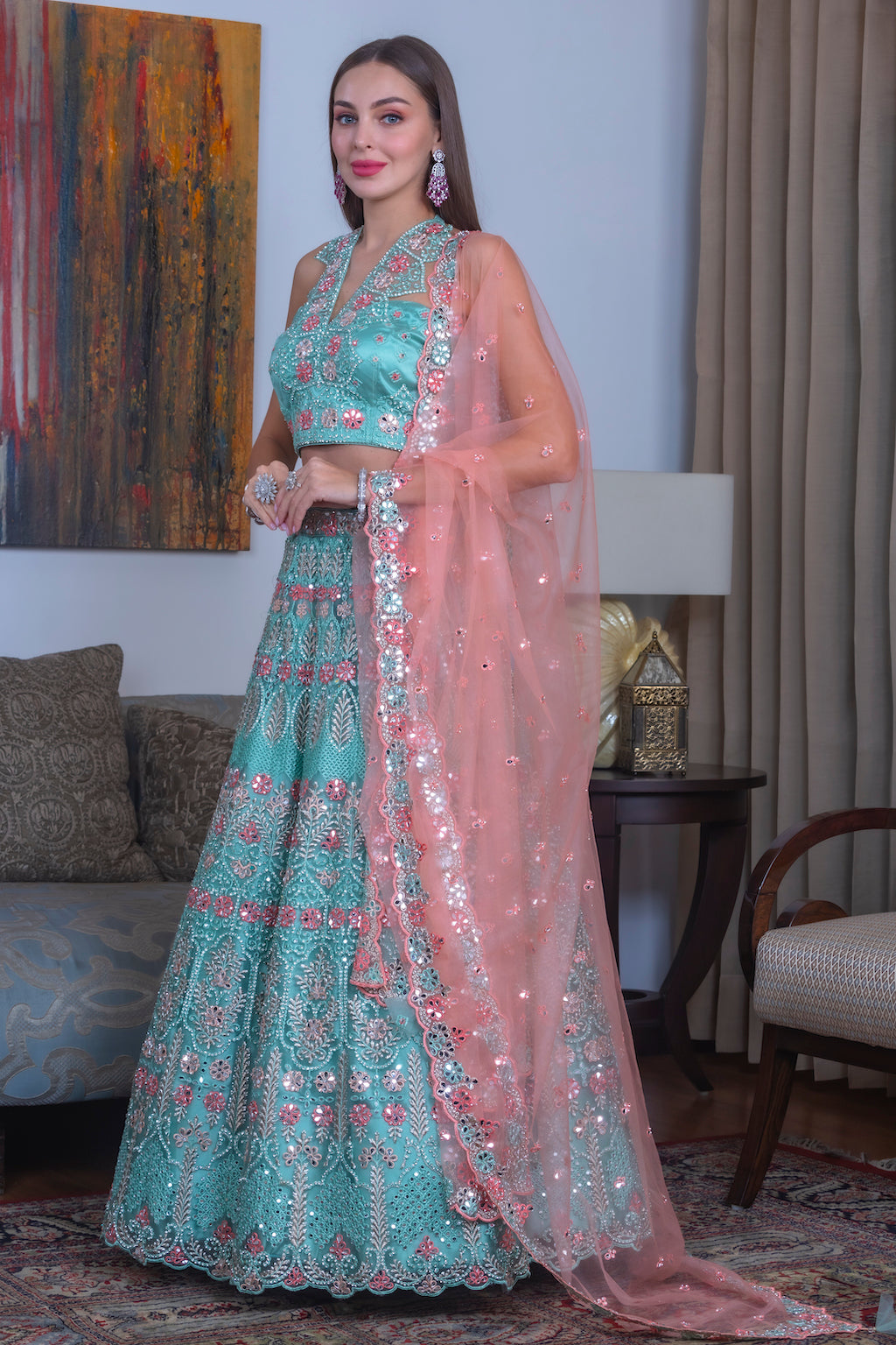 Blue Lehenga with contrast scarf