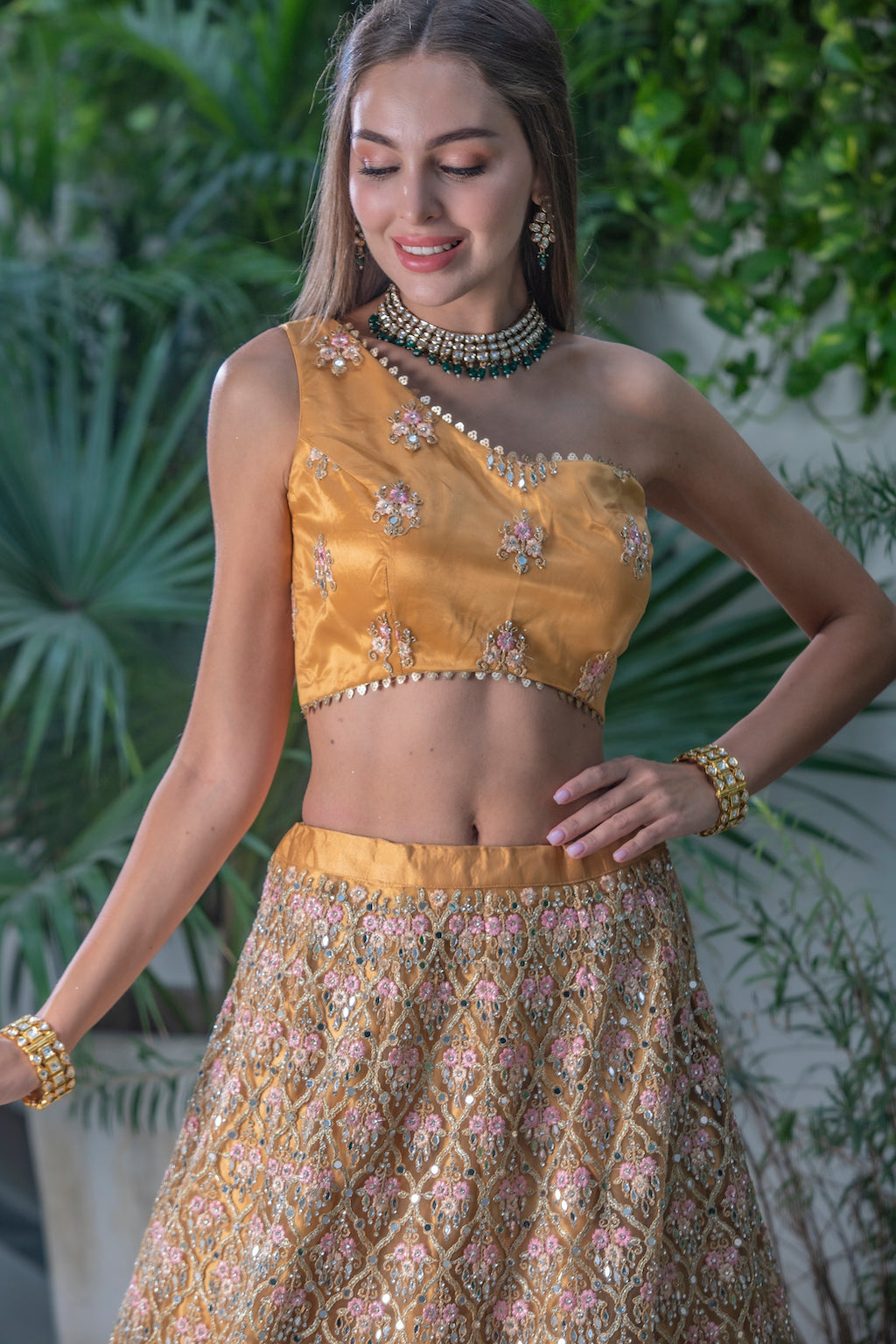 Yellow Lehenga with one shoulder top