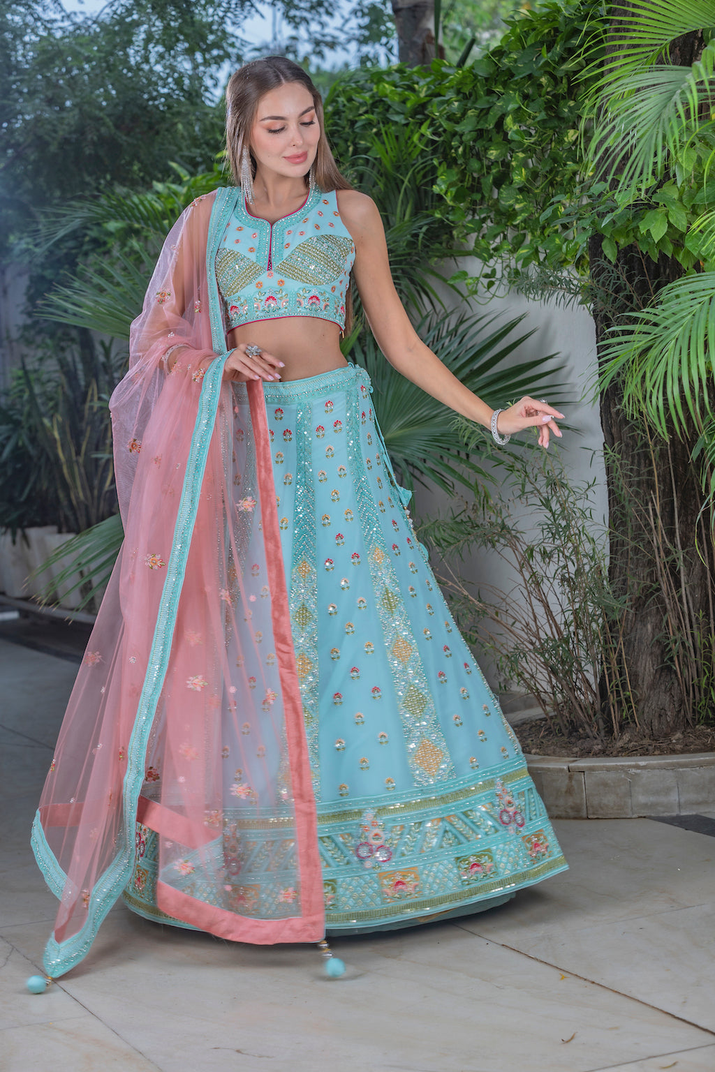 Blue Lehenga with contrast scarf