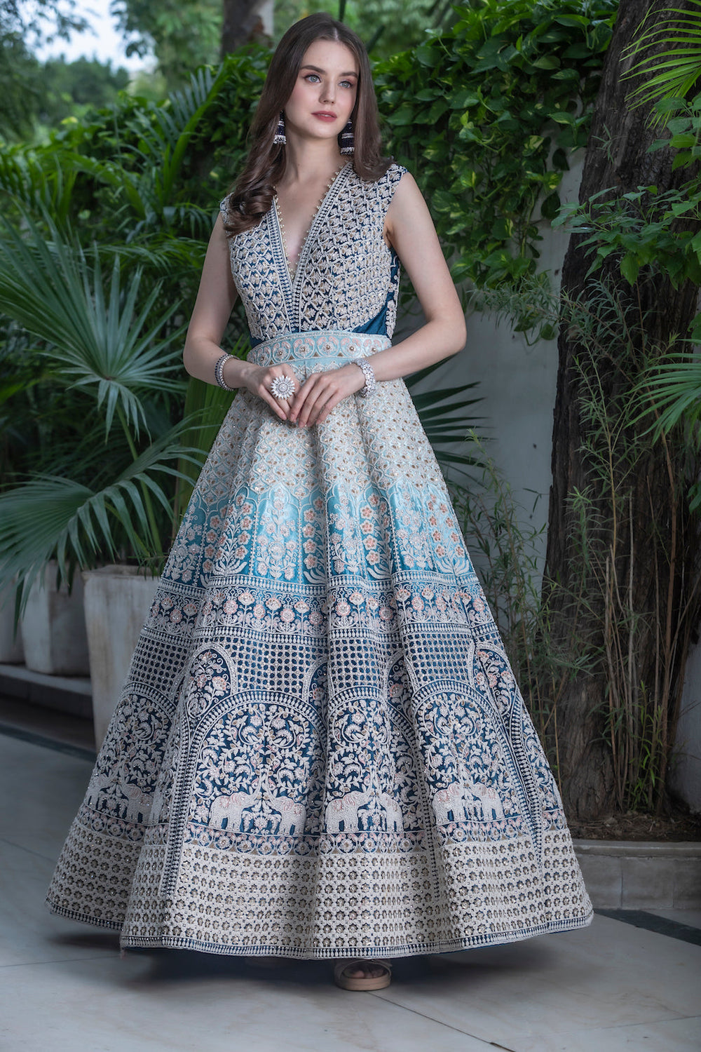 Bustier Embroidered Ombre Gown in Blue & Aqua