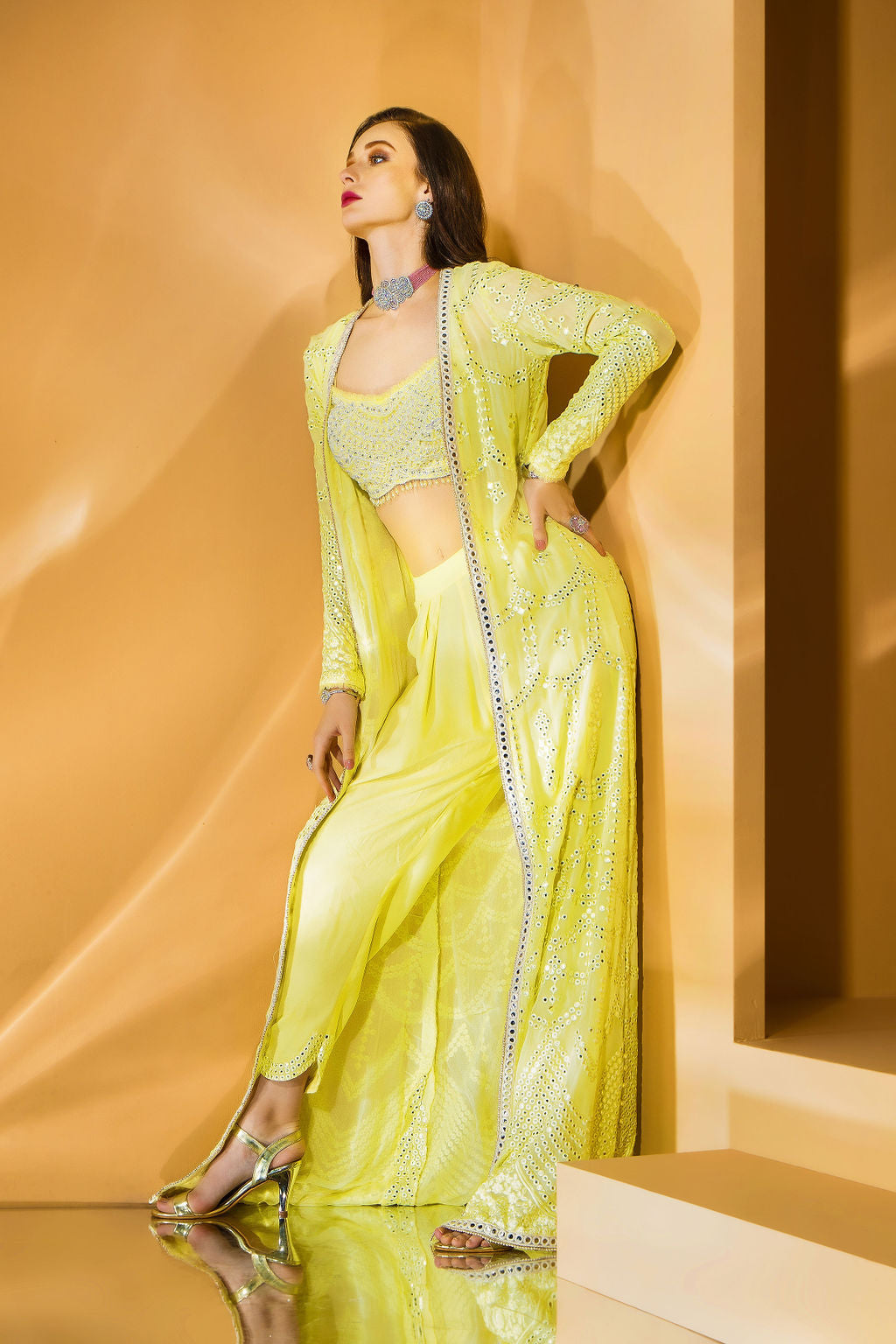 Yellow Dhoti with embroidered top with embroidered jacket