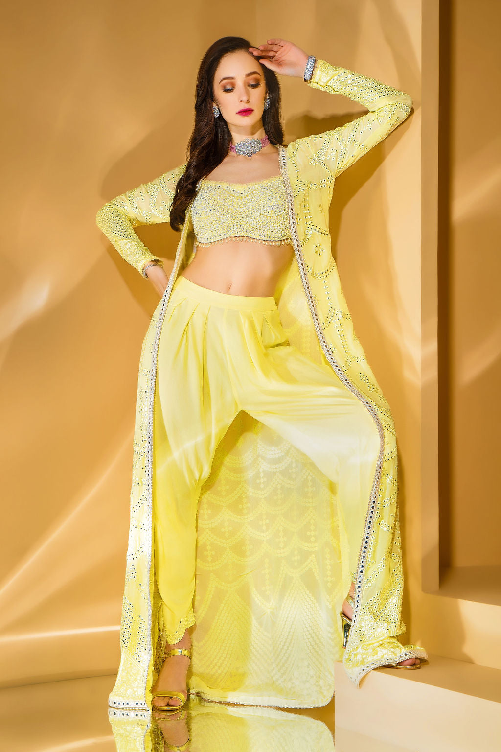 Yellow Dhoti with embroidered top with embroidered jacket