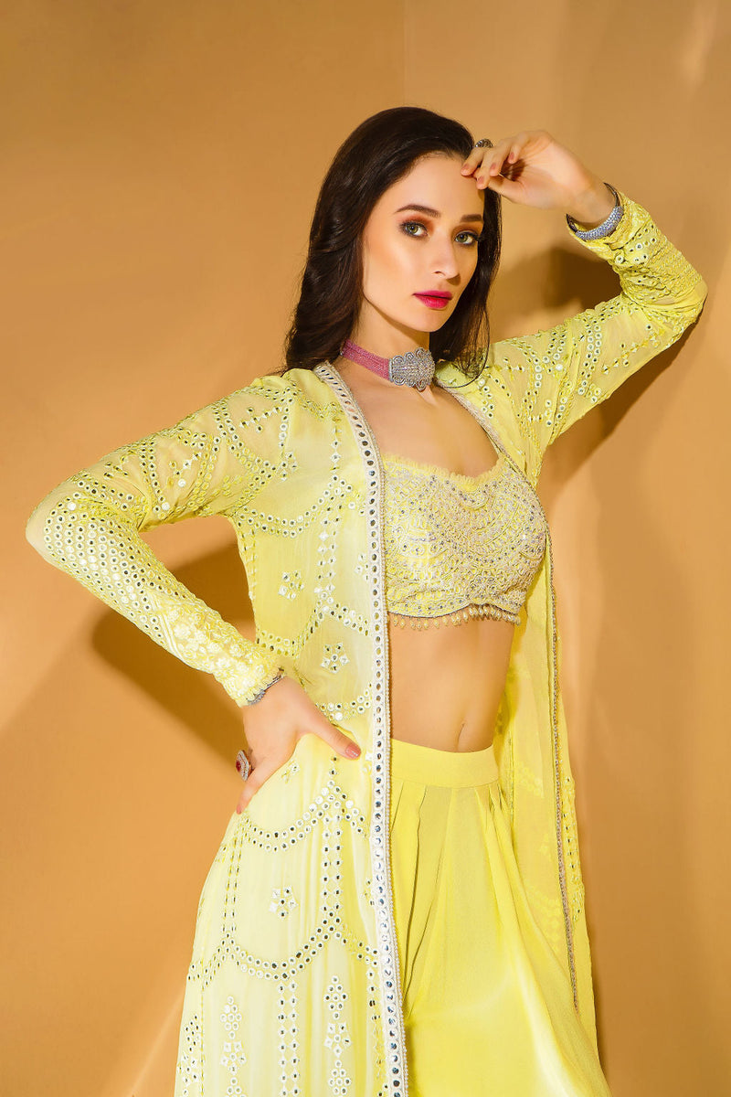 Yellow Dhoti with embroidered top with embroidered jacket