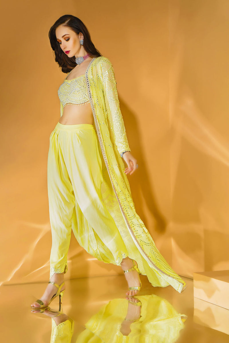 Yellow Dhoti with embroidered top with embroidered jacket