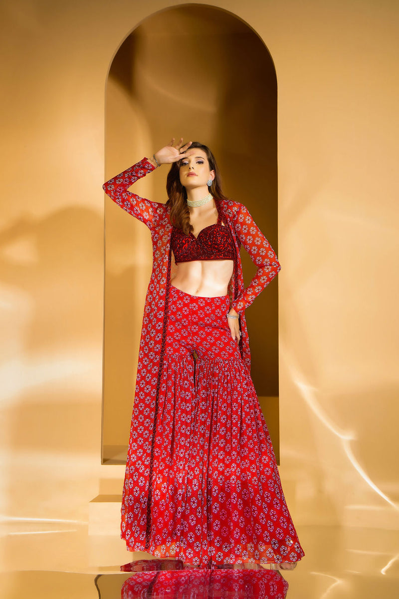 Beautiful Red Printed Gharara with embroidered top and jacket
