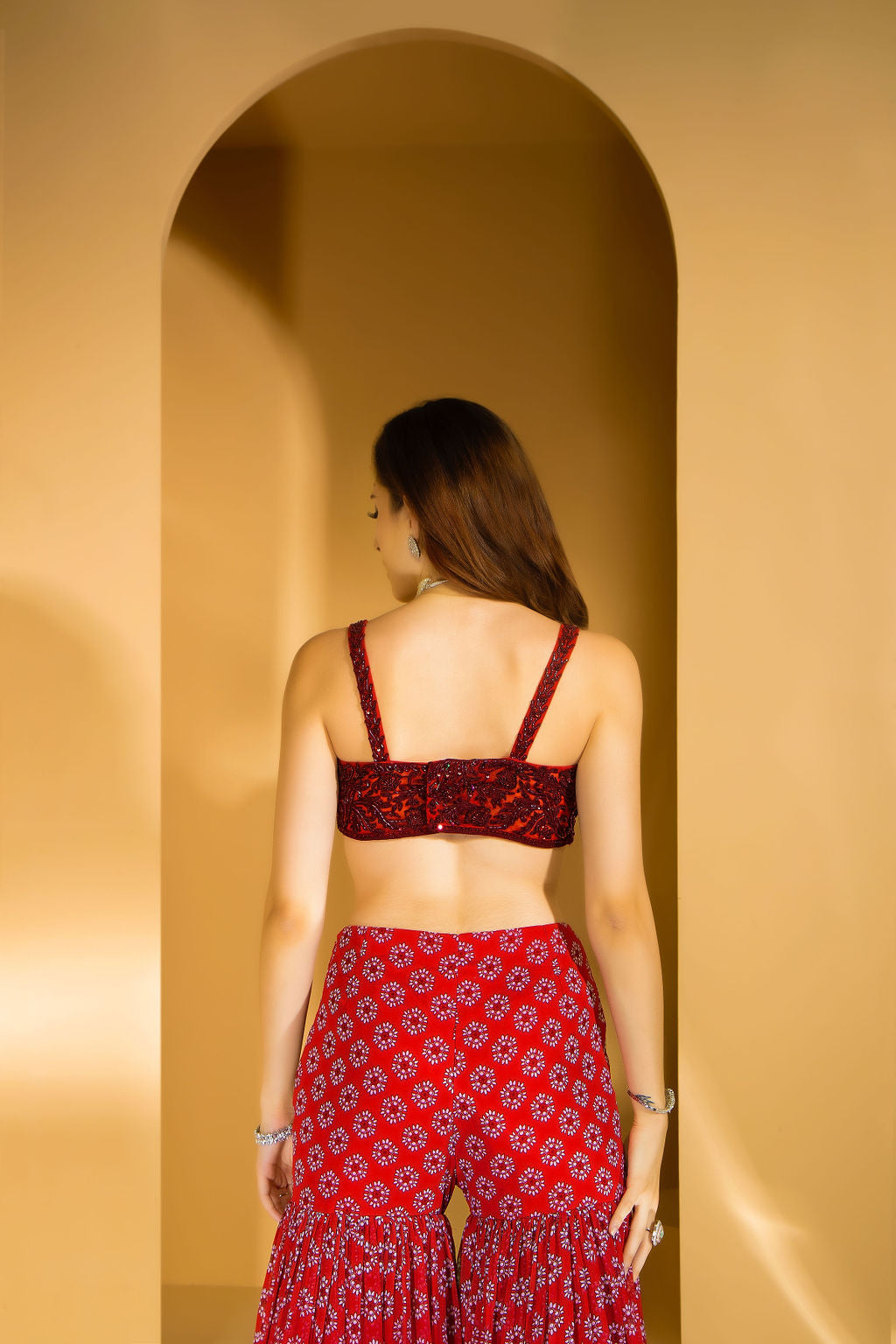 Beautiful Red Printed Gharara with embroidered top and jacket